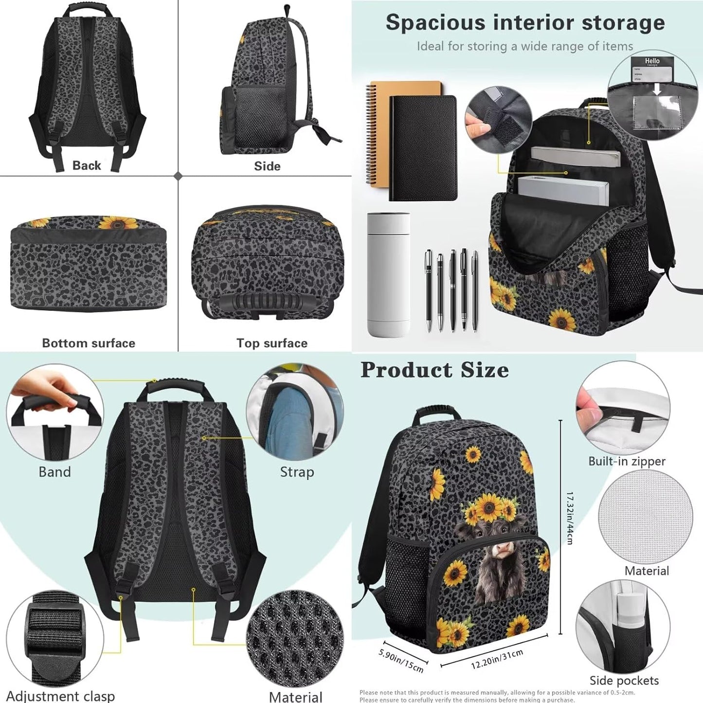 Highland Cow Backpack with Lunch Box Set for Kids Sunflower School Backpack for Girls Boys Back to School Bag Student Travel Backpacks Reusable Utensils Pen Case Water Bottle Bag 5PCS