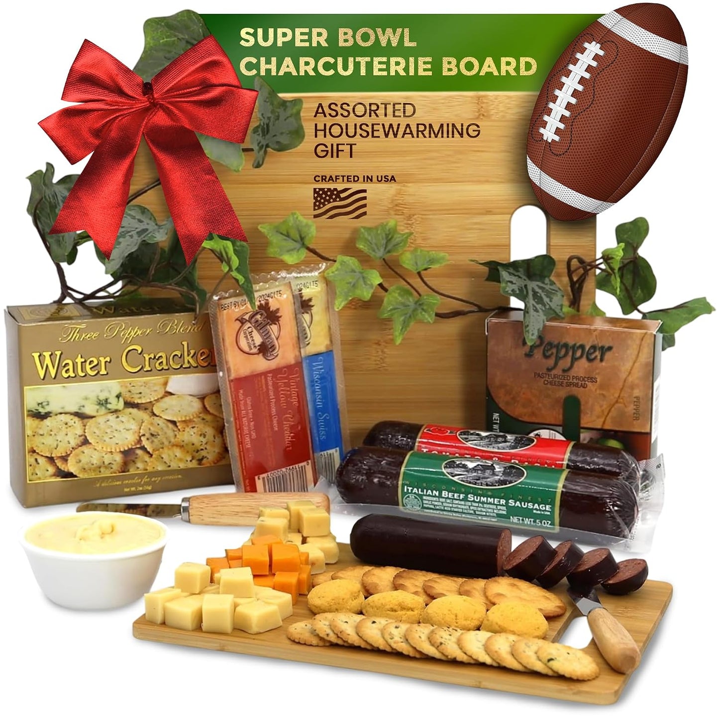 Gift Basket Village Charcuterie Board Gift Set – Bamboo Cutting Board, Three-Pepper Crackers, Italian Sausage, Wisconsin Cheese, Cheese Spread, and Knife – Wedding or Housewarming Gift