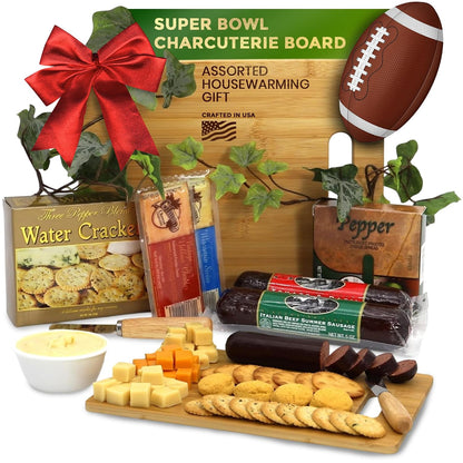 Gift Basket Village Charcuterie Board Gift Set – Bamboo Cutting Board, Three-Pepper Crackers, Italian Sausage, Wisconsin Cheese, Cheese Spread, and Knife – Wedding or Housewarming Gift