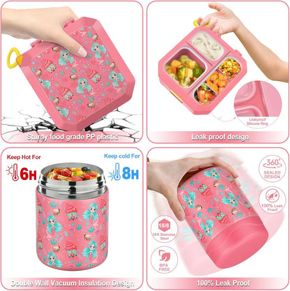 wiwens Bento Lunch Box for Kids with 12oz Soup Thermo Leak-Proof Lunch Food Container with 5 Compartment Thermo Hot Food Jar and Insulated Lunch Bag for Kid Toddler Girls Boys to School