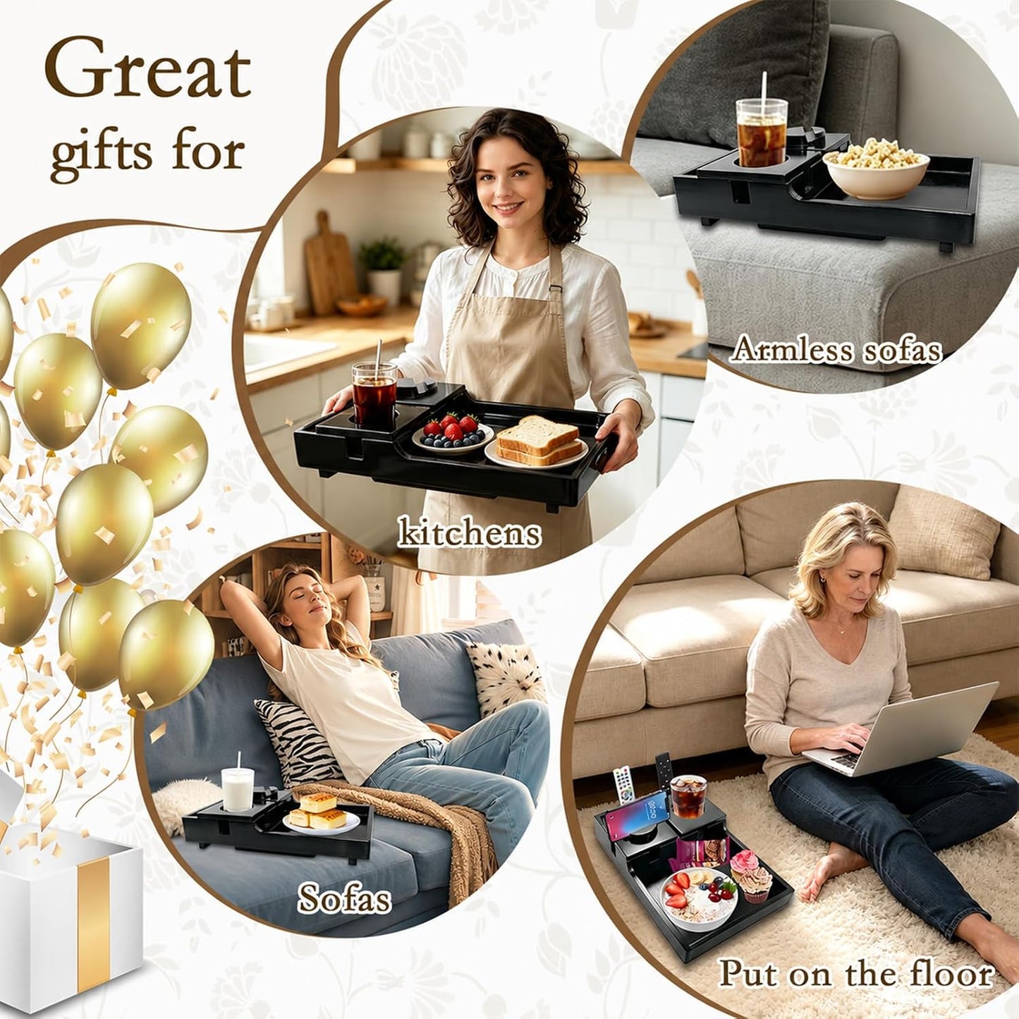2-in-1 Bamboo Couch Tray – Insert & Flat Sofa Organizer with Anti-Slip Base,360° Rotating Phone Holder,Cup Holder, 15.3x9.8 in, Fit Seat Gaps or Armless,Sectional Sofa