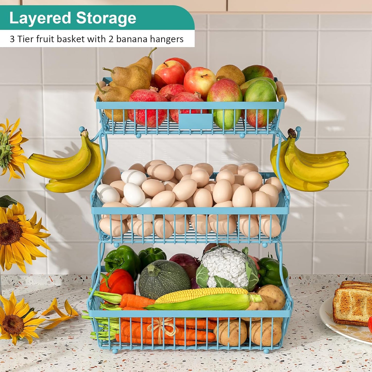 2 Tier Fruit Basket for Kitchen Counter with 2 Banana Hangers, Countertop Metal Bread Basket with Wooden Handle, Large Storage Stand for Vegetables, Snacks, Eggs, Produce Storage – Black