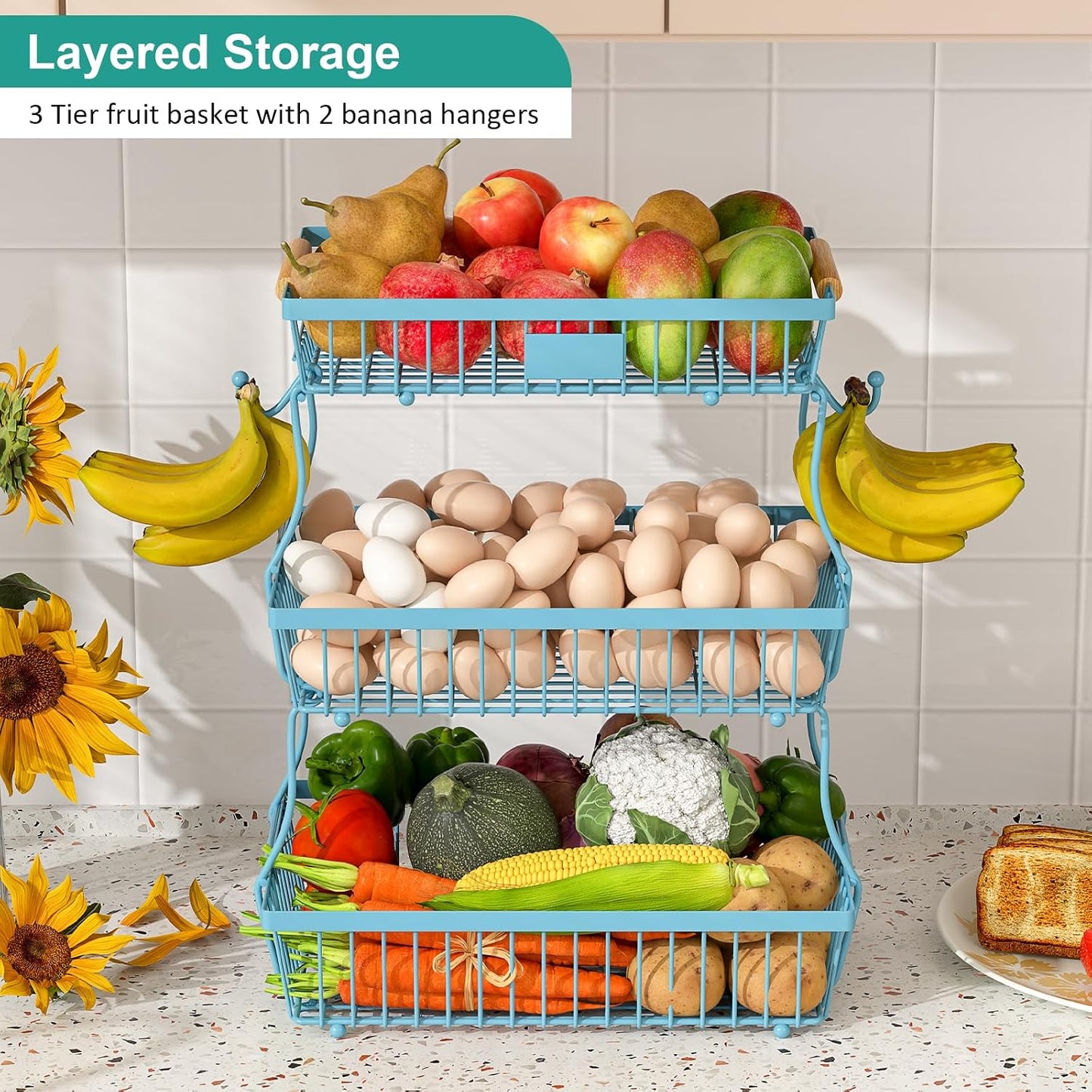 2 Tier Fruit Basket for Kitchen Counter with 2 Banana Hangers, Countertop Metal Bread Basket with Wooden Handle, Large Storage Stand for Vegetables, Snacks, Eggs, Produce Storage – Black