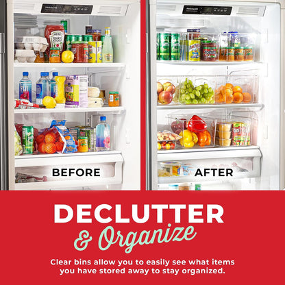 Clear Refrigerator Organizer Bins - Plastic Fridge Organizers - Storage Containers for Organizing Pantry, Cupboard, Cabinet, Freezer, Food, Fruit, Kitchen, Bathroom - Refrigerator Storage Bin set of 4