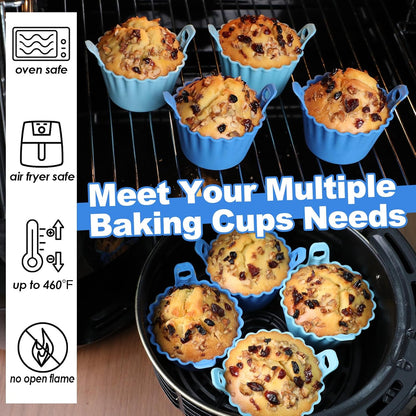 Koluti Nonstick Silicone Muffin Baking Cups Pack of 12, Reusable Cupcake Molds with Double Handle, BPA Free, Mini Round Air Fryer Cupcakes Liner, 3 Colors