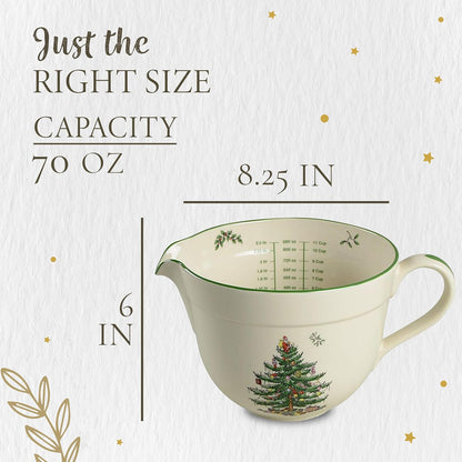 Spode Christmas Tree Batter Jug - Large 2 Quart Mixing Bowl with Handle & Spout, Holiday Bakeware for Pancakes, Cookies & More - Dishwasher Safe Earthenware with Interior Measurements