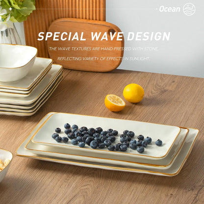 Famiware Serving Platter, Rectangular 15.67/14.1/12.6inch Serving Dishes for Entertaining, Microwave Dishwasher Safe, Stoneware Serving Trays for Party, Turkey, Cheese, Ocean Series, Cappuccino White