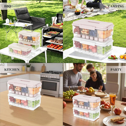 MANO 2pack Chilled Condiment Caddy with Lid Iced Snackle Box Container for Fruit Veggie Serving Tray with Handle Divided Garnish Tray Server Outdoor Camping Picnic Fridge Storage white&beige