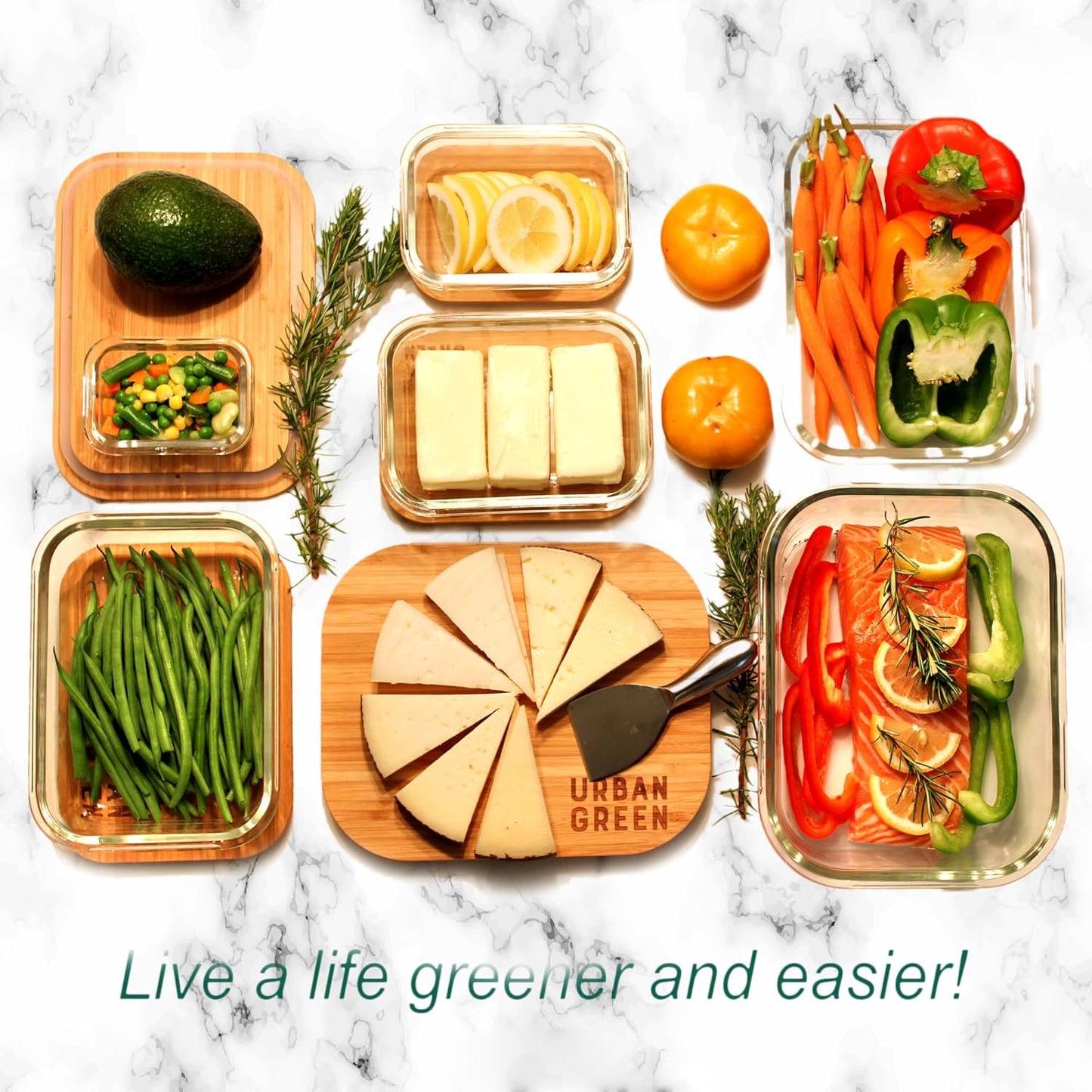 Urban Green Glass Food Container with Bamboo Lid, Airtight food storage Containers set, Glass Meal Prep Containers Set of 5, Dishwasher & Oven Safe