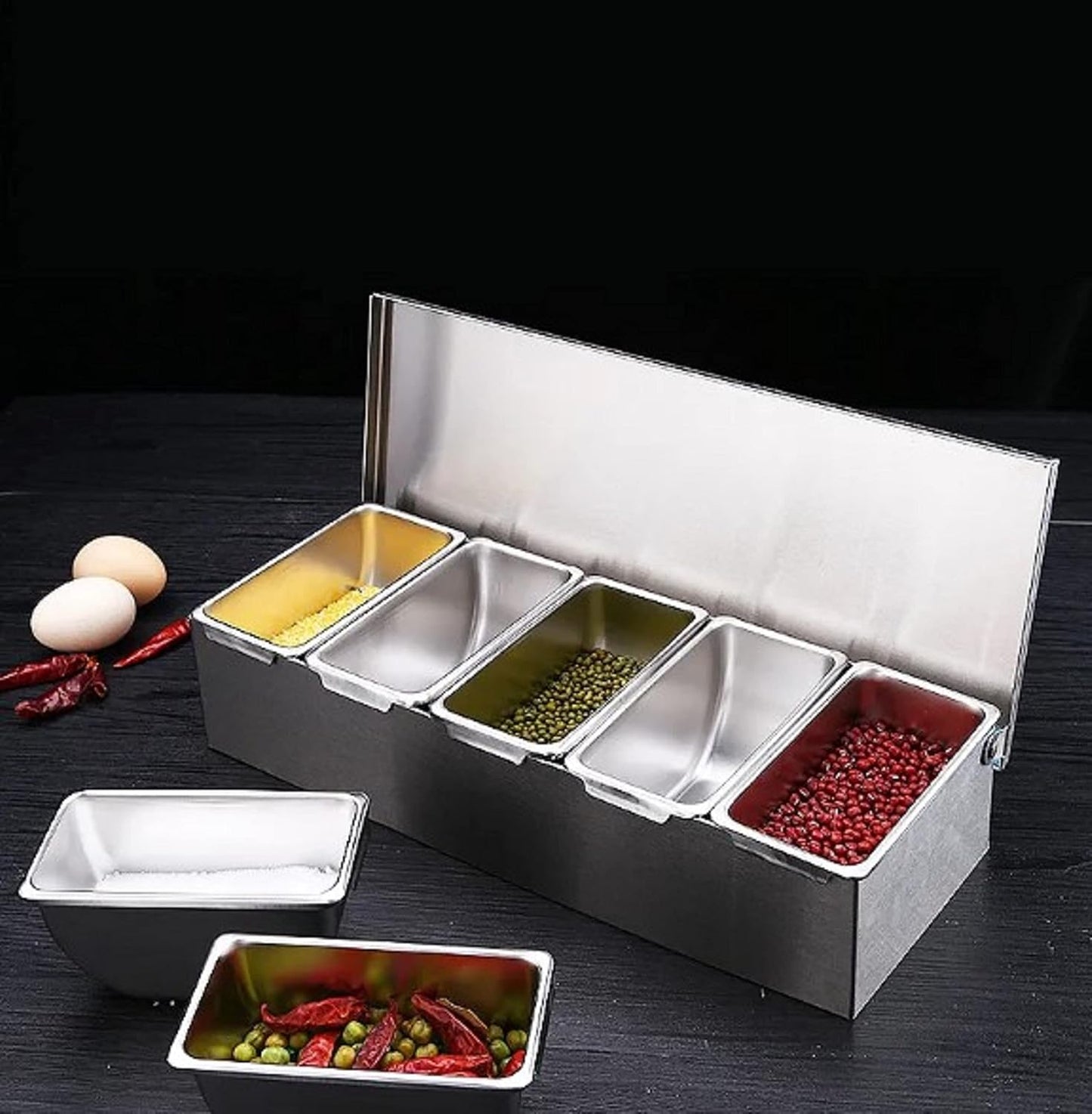 TrueCraftware- 5 Compartment Stainless Steel Condiment Bar (Open Bottom)- Condiment Dispenser Serving Container Garnish Tray Bar Caddy Condiment Server Caddy Garnish Holder for Home Work Restaurant