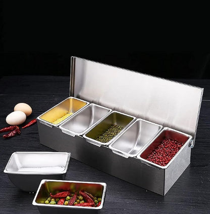 TrueCraftware- 5 Compartment Stainless Steel Condiment Bar (Open Bottom)- Condiment Dispenser Serving Container Garnish Tray Bar Caddy Condiment Server Caddy Garnish Holder for Home Work Restaurant