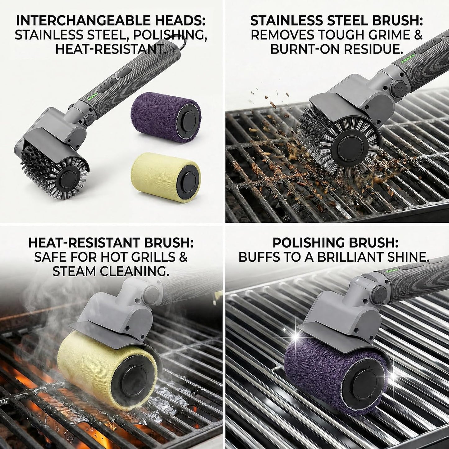 Electric Grill Brush 3-in-1 Kit – Cordless BBQ Cleaner with Reinforced Safe Metal Bristles – 2 Hours Runtime, Waterproof & Dishwasher Safe Removable Brushes for Deep Cleaning (Red Wood Coating)