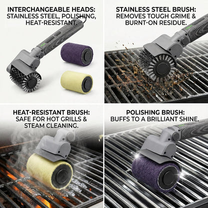 Electric Grill Brush 3-in-1 Kit – Cordless BBQ Cleaner with Reinforced Safe Metal Bristles – 2 Hours Runtime, Waterproof & Dishwasher Safe Removable Brushes for Deep Cleaning (Red Wood Coating)