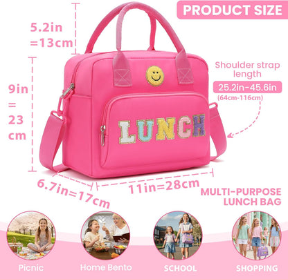 RLGPBON Insulated Lunch Bag Teen Girls, Preppy Lunch Box Large Insulated Lunch Bag Reusable Lunch Tote Bag, Preppy LunchBag for Girls School Travel Picnic