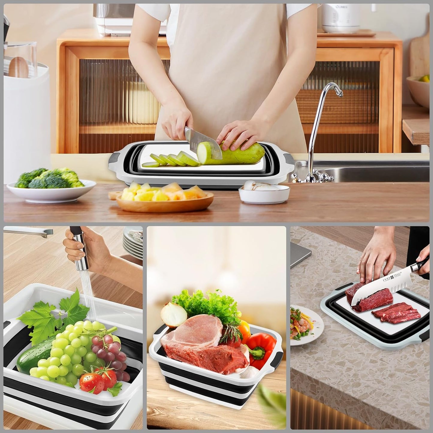 Collapsible Cutting Board with BBQ Prep Tub and Lid, Foldable Food Prep Container for Meal Prep, Marinating, Food Storage, Grilling, Camping and Outdoor Cooking, Dishwasher Safe, Black XX-Large