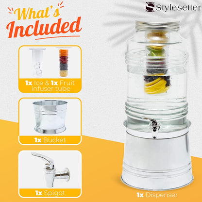 Style Setter Patchwork Beverage Dispenser Cold Drink Dispenser w/ 2.4-Gallon Capacity Glass Jug, Ice Insert, Fruit Infuser, Galvanized Base, Leak Proof Spigot Great for Parties Weddings