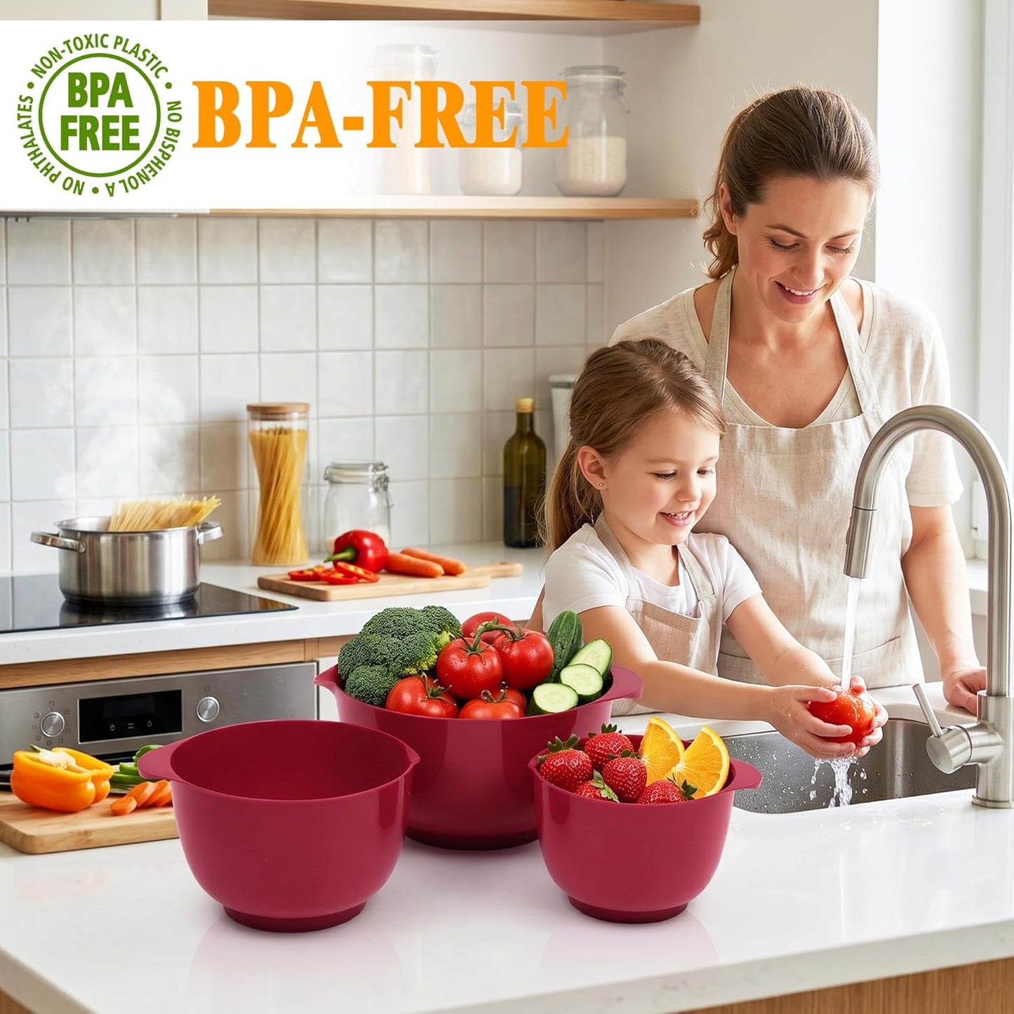 BoxedHome Nesting Plastic Mixing Bowl Set With Pour Spout, Microwave and Dishwasher Safe, BPA free Non-Slip Base, Set of 4 Size 1.7, 2.5, 3.5 and 4.5qt, Great for Prepping, Baking, Cooking (Dark Blue)