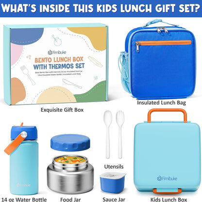 Fimibuke Kids Bento Lunch Box with Thermo, Leakproof Toddler Bento Box with 8.5 OZ Insulated Food Jar, Lunch Bag, Kids Water Bottle, 3 or 4 Compartment Container for Back to School Toddler Girls Boys