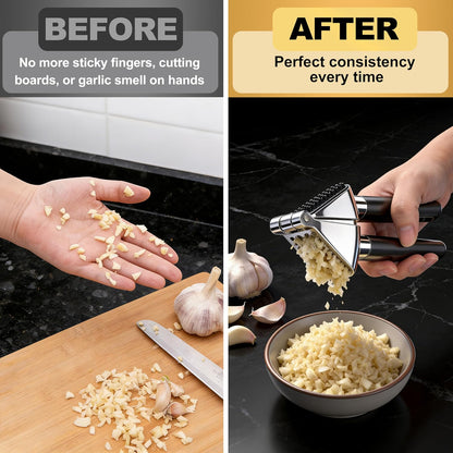 3WAVES Heavy-Duty Garlic Press, Built-In Cleaner, Ergonomic SoftGrip Handle