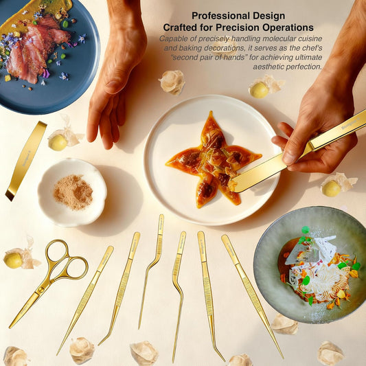 | Pastry Chef's Plating Tools Culinary Set | 10 Piece Professional Pastry Chef Plating Utensils | Spatula, Tweezers, Chef Scissors for Biscuit Decoration, Platig | Stainless Steel (Gold)