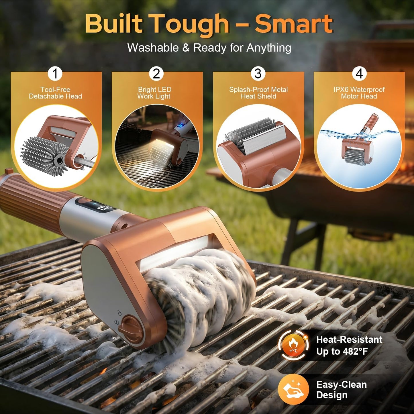 Electric Grill Brush for Outdoor, 2026 BBQ Grill Cleaner with Digital Display, Variable Speed Cordless Grill Brush, Waterproof & Replaceable Heads Grill Cleaning Brush for Barbecue Grates