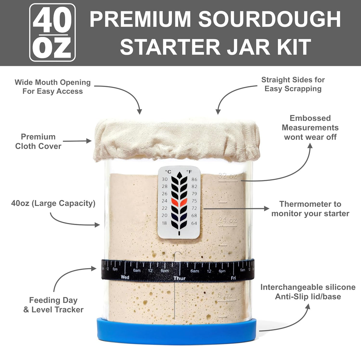 BALCI Premium Sourdough Starter Jar - 40oz Wide Mouth Kit (Blue)