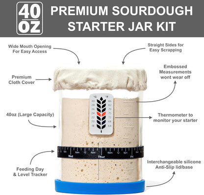 BALCI Premium Sourdough Starter Jar - 40oz Wide Mouth Kit (Blue)