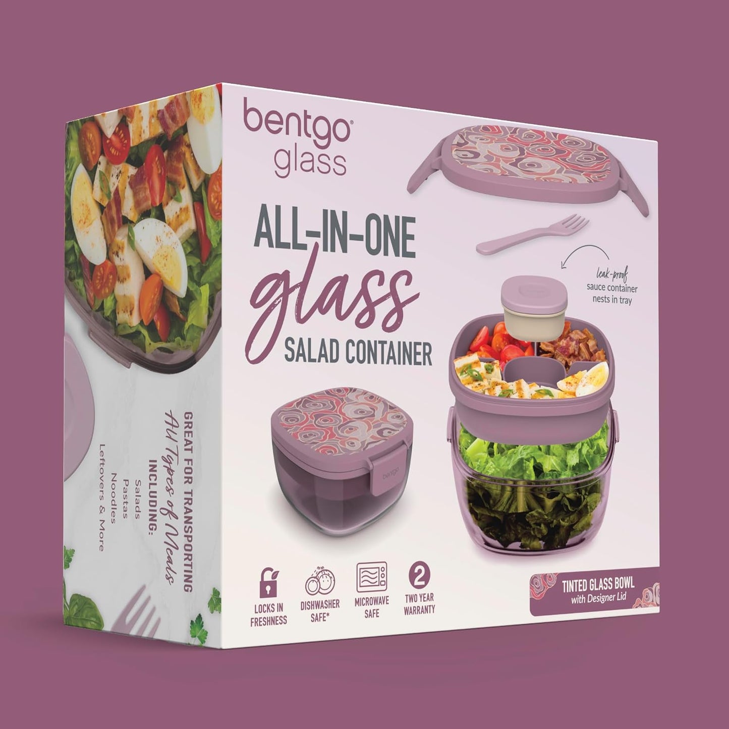 Bentgo Glass Salad Container - 7.6-Cup Salad Bowl with Airtight Lid, Leak-Proof Sauce Container, 4-Compartment Bento Tray & Reusable Fork - BPA-Free for Meal Prep, Office & More (Light Blue)