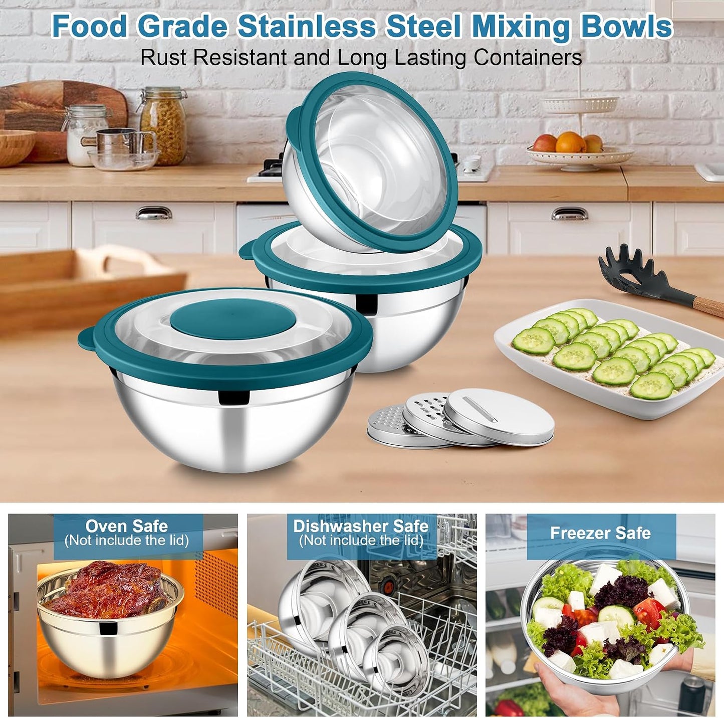 E-far Mixing Bowls Set of 5, Stainless Steel Salad Mixing Bowl with Transparent Lid, Metal Nesting Bowl Attach with 3 Graters for Kitchen Prepping/Serving/Baking/Storage, 4.6/2.6/1.5/1/0.7 QT - Black