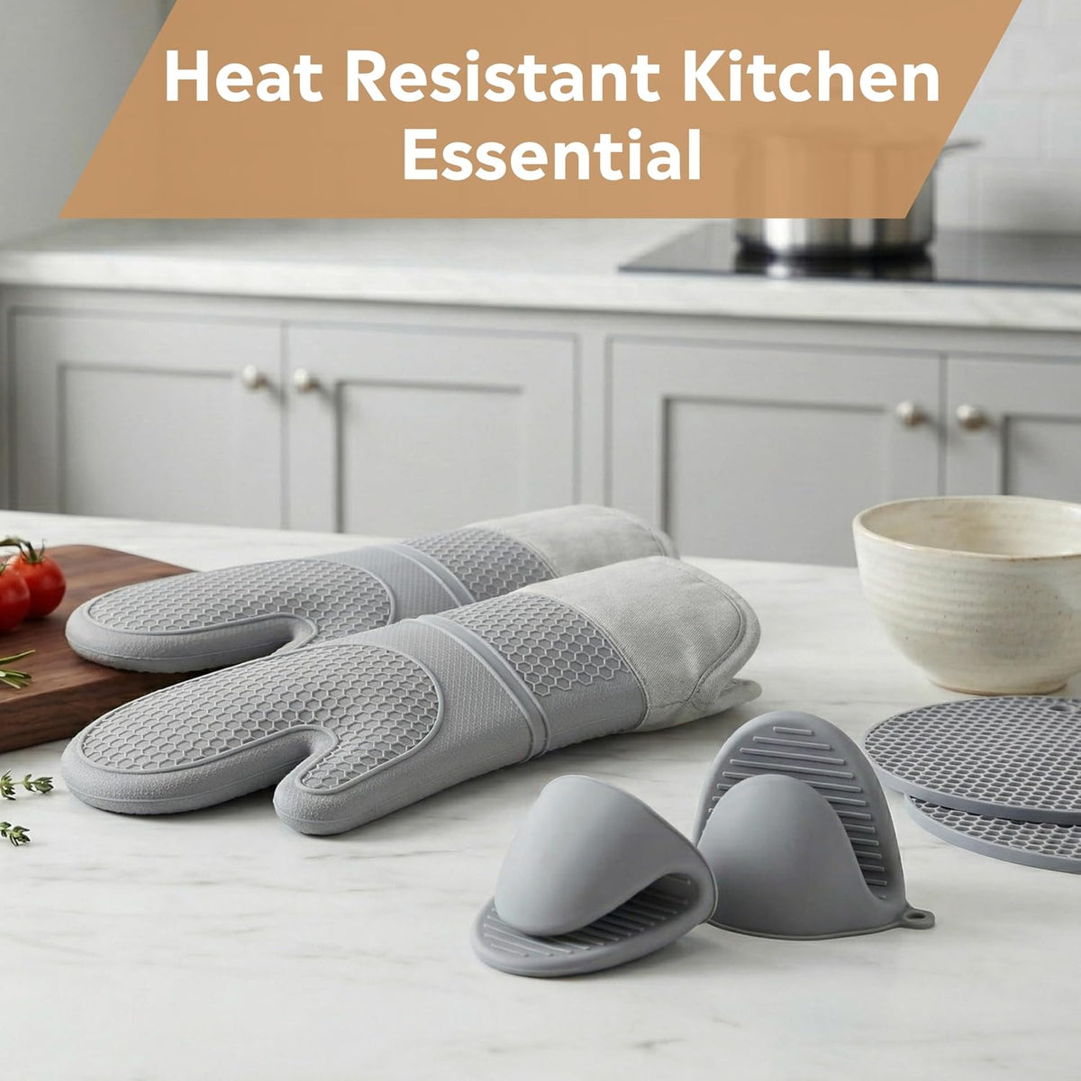 Silicone Oven Mitts and Pot Holders Sets 6 Piece for Kitchen