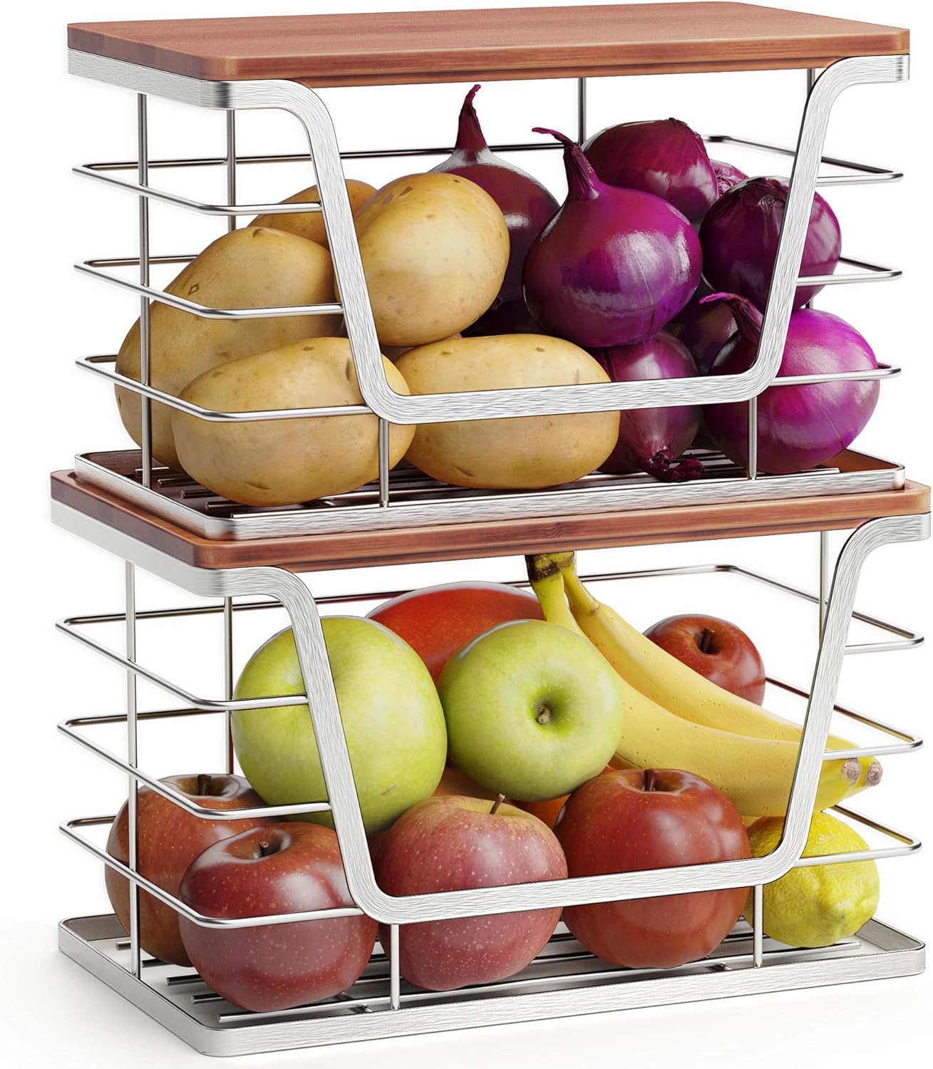 ALOCEO 2 Pack Stackable Wire Storage Basket with Bamboo Lid, Trash Bag Dispenser Under Sink for 4-13 Gal Bags, Kitchen Storage Bins for Potato and Onion, Brown