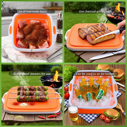 Collapsible BBQ Prep Tub with Lid & Cutting Board 16L - XL Meat Marinating Basin & Grill Carry System - 5pc Set with Heat Resistant Gloves, Basting Brush & Spatula (Black, Large, 16L)