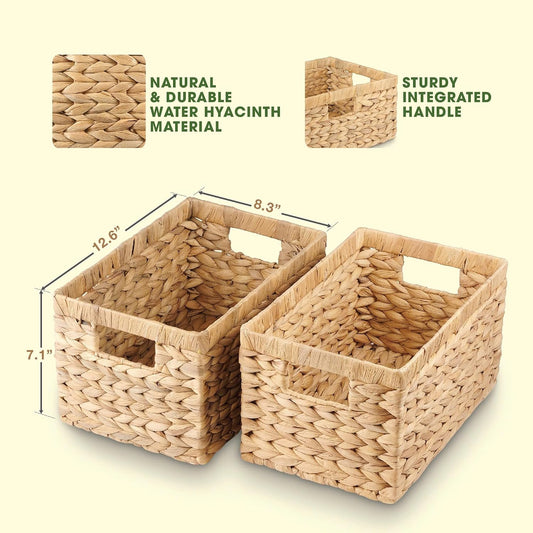 Water Hyacinth Storage Baskets Set of 2 - Medium Decorative Wicker Baskets for Organizing Shelves, Rectangular Woven Storage Bins with Handles for Pantry, Bathroom, Living Room 13"x9"x7"
