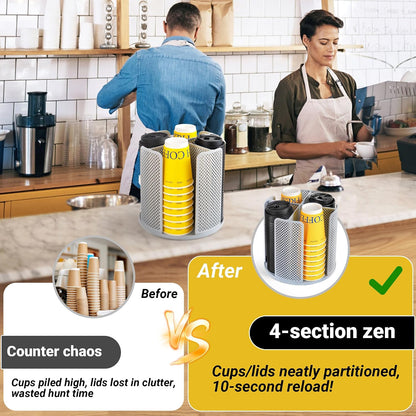 4-Compartment Rotating Paper Cup Holder & Coffee Cup Lid Storage Dispenser, Plastic Cup Dispenser Removable, Space-Saving Countertop Cup Holder for Coffee Bars, Kitchens (Black)