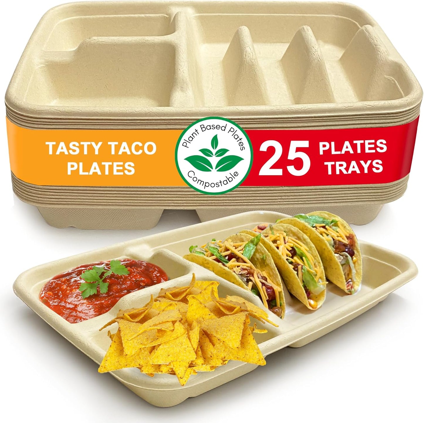 3-Taco & 2-Sides Taco Plates, Disposable Paper Plates with Dividers – 25 PACK | Taco Tray for Party, Fiesta Taco Holder, Taco Stand for Taco Tuesday & Taco Bar, Microwave-Safe Taco Plates (25 Plates)