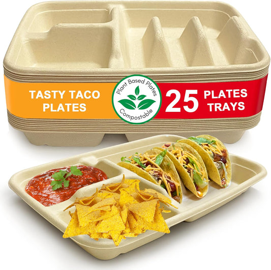 3-Taco & 2-Sides Taco Plates, Disposable Paper Plates with Dividers – 25 PACK | Taco Tray for Party, Fiesta Taco Holder, Taco Stand for Taco Tuesday & Taco Bar, Microwave-Safe Taco Plates (25 Plates)