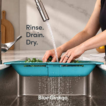 Blue Ginkgo Over Sink Colander, Extendable Kitchen Strainer, Black