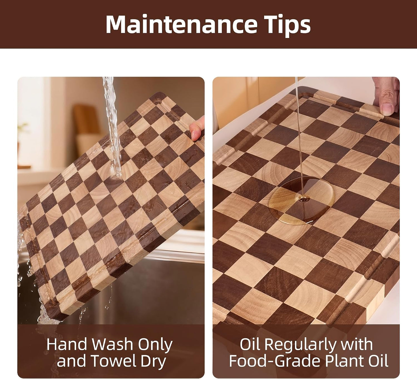Checkered Cutting Board Set for Kitchen - 3 PCS Solid Wood End Grain Checkerboard Chopping Board with Holder & Juice Groove, Wooden Cutting Boards for Meat, Vegetables, Fruits (S, M, L)