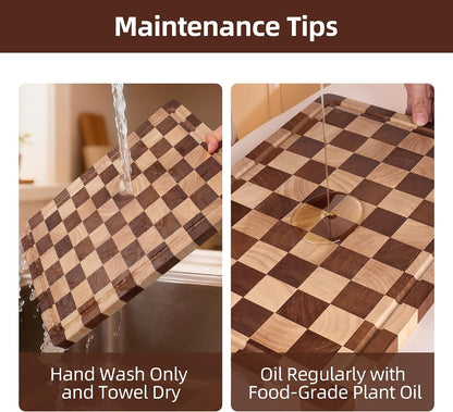 Checkered Cutting Board Set for Kitchen - 3 PCS Solid Wood End Grain Checkerboard Chopping Board with Holder & Juice Groove, Wooden Cutting Boards for Meat, Vegetables, Fruits (S, M, L)