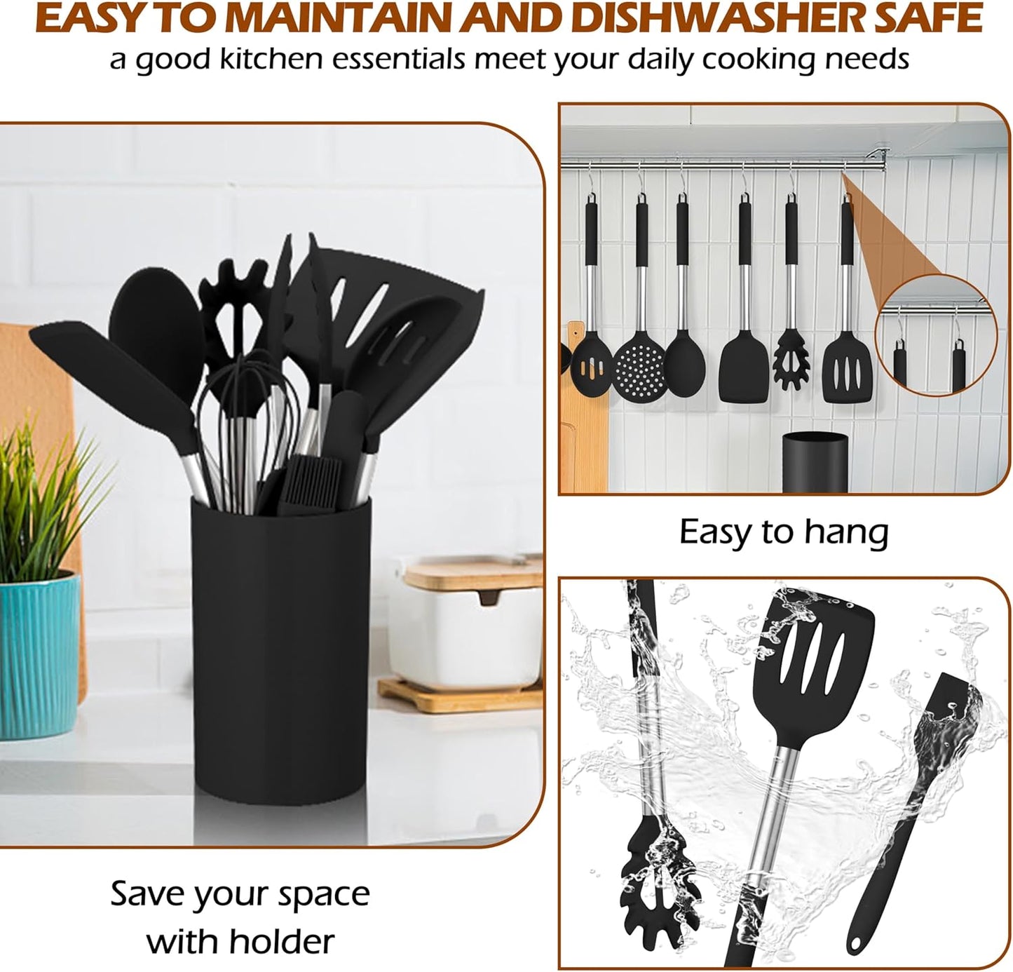 HaWare 29 PCS Silicone Cooking Utensils Set, Heat Resistant Kitchen Utensils Set with Stainless Steel Handle, Spatula Sets with Holder and Hooks, Kitchen Tools Gadgets for Nonstick Cookware -Khaki