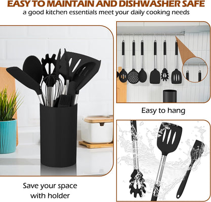 HaWare 29 PCS Silicone Cooking Utensils Set, Heat Resistant Kitchen Utensils Set with Stainless Steel Handle, Spatula Sets with Holder and Hooks, Kitchen Tools Gadgets for Nonstick Cookware -Khaki