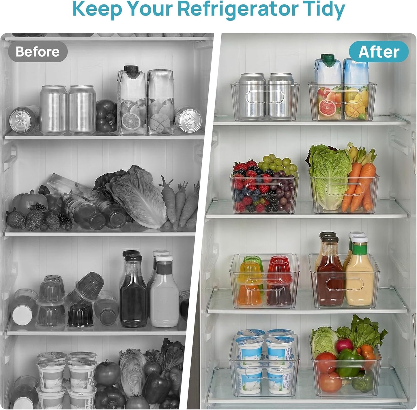 Vtopmart 8pcs Clear Organizers and Storage Bins with Lids, Stackable Plastic Storage Containers with Handles for Fridge, Freezer, Pantry, Cabinet, Kitchen Organization