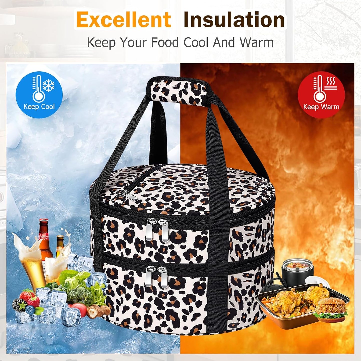 Round Insulated Casserole Carrier – 12" Portable Pie Carrier Bag for Hot or Cold Food, Leakproof Thermal Lunch Tote with Handle for Parties Picnic & Travel - Grey