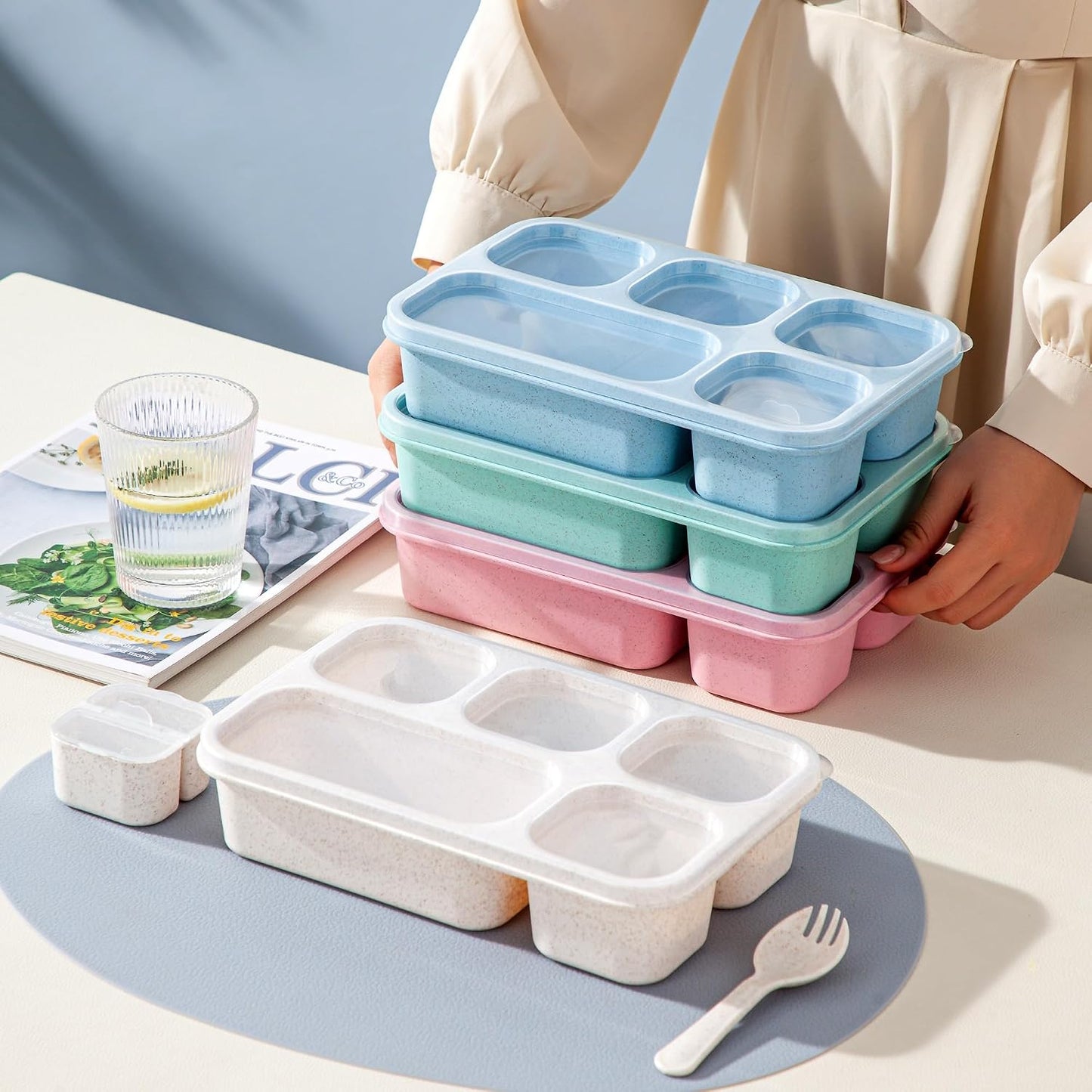 Bento Box Adult, 4 Pack 5 Compartments Meal Prep Container Reusable Food Storage Lunchable Containers with Sauce Containers, Snack Boxes For Adults Bento Box For Kids