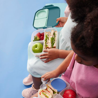 b.box Mini Lunch Box 2-Pack, Leak Proof Bento Box for Kids, 3 Compartment Snack Containers Ages 3+, Lunchbox for Daycare + School, Dishwasher Safe, BPA-Free, PFAS-Free, 4.25 Cup - Blue + Green
