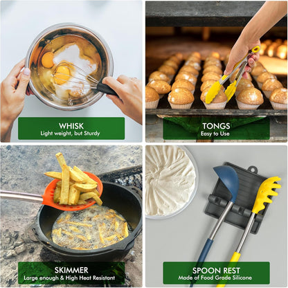 HOTEC 446°F Heat Resistant Silicone Kitchen Utensils, Cooking Utensil Set, Spatula Set, BPA Free, Kitchen Gadgets, With Stainless Steel Utensils Holder, Dishwasher Safe 14pcs Khaki