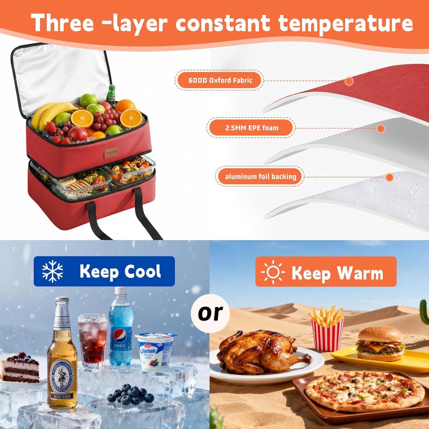 Insulated Casserole Carrier, Double Decker Food Carriers for Hot or Cold Food, Portable Leakproof Thermal Bag for Travel/Potluck Parties/Picnic/Cookouts (Red)