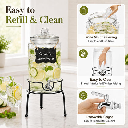 1 Gallon Beverage Dispenser 1 Pack, Stainless Steel Spigot Drink Dispenser for Parties with Stand, Clear Glass Drink Container Easy to Refill and Clean