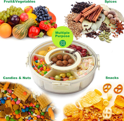 Rotating Divided Serving Tray with Lid and Handle,6 Compartments Snackle Box Container,12" Large Snack Spinner Lazy Susan,Fruit Veggie Tray Portable Round Snack Box Candy Fridge Organizer Platterbox