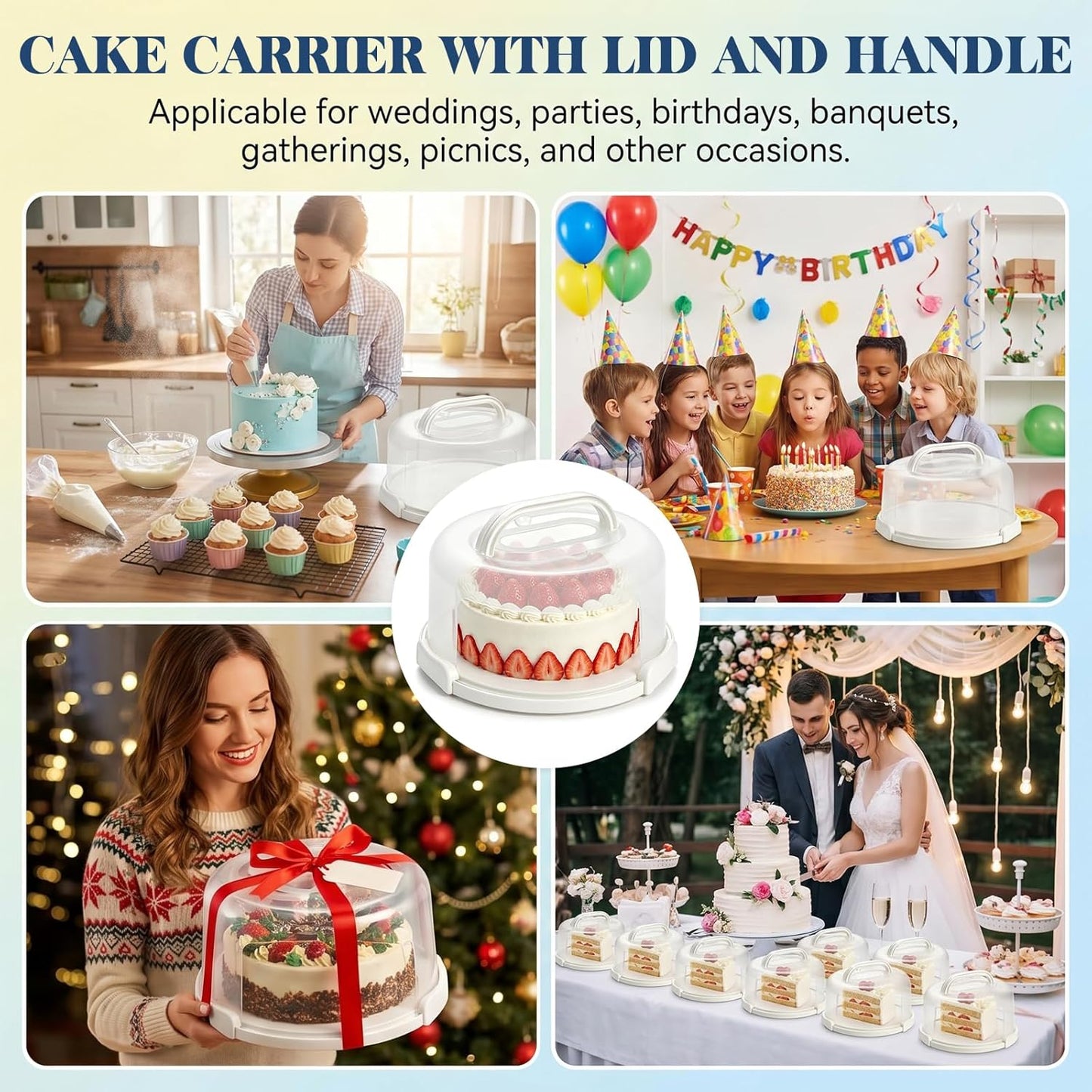 Yesland Cake Carrier with Collapsible Handle - White Cake Container and Holder with Lid - Portable Plastic Round Cake Cover for 10 inch Cake, Pies, Cookies, Nuts, Muffins, Cupcakes and Fruit